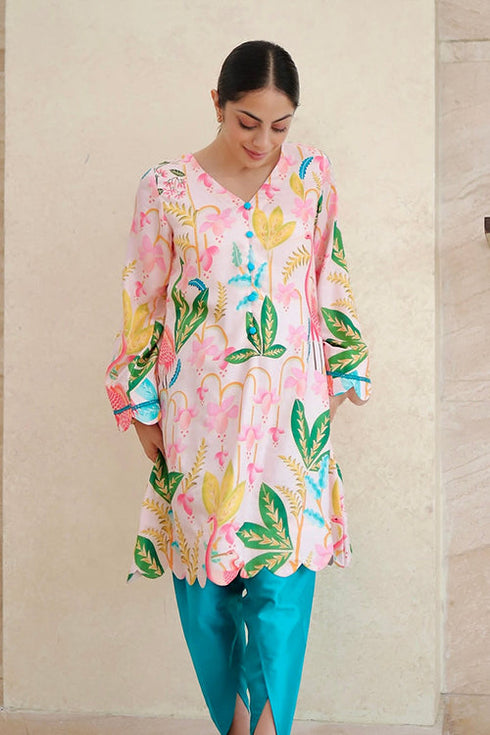 Noori Pink Floral Pakistani Kurta Set
